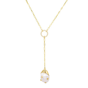 Pearl White Bezel Pearl Lariat - Adina Eden's Jewels