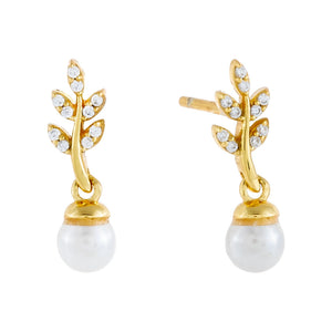 Gold Mini Pavé Leaf x Pearl Stud Earring - Adina Eden's Jewels