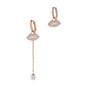 Rose Gold Pavé Lip X Pearl Drop Huggie Earring - Adina Eden's Jewels