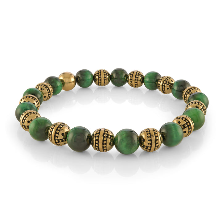 Dark Green Gold Design Bead Green Tiger Eye Stretch Bracelet - Adina Eden's Jewels