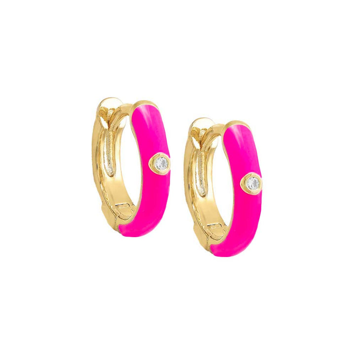 Neon Pink / Enamel / Pair CZ Bezel Colored Enamel Huggie Earring - Adina Eden's Jewels
