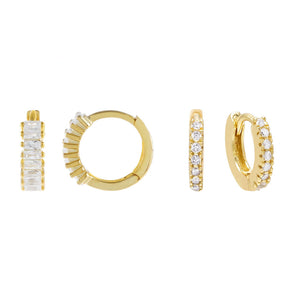 Gold CZ X Baguette Huggie Earring Combo Set - Adina Eden's Jewels