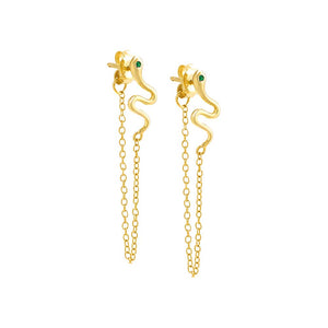 Gold / Pair CZ Snake Front Back Chain Stud Earring - Adina Eden's Jewels