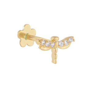 14K Gold / Single CZ Dragonfly Threaded Stud Earring 14K - Adina Eden's Jewels