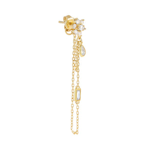 Gold / Single CZ Flower X Baguette Chain Stud Earring - Adina Eden's Jewels