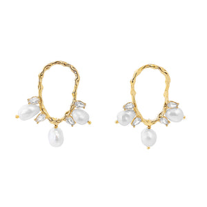 Pearl White CZ X Pearl Bamboo Hoop Earring - Adina Eden's Jewels
