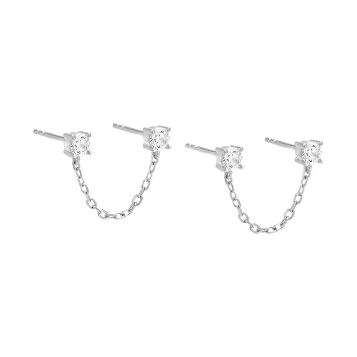 Silver / Pair Colored Double Solitaire CZ Chain Stud Earring - Adina Eden's Jewels