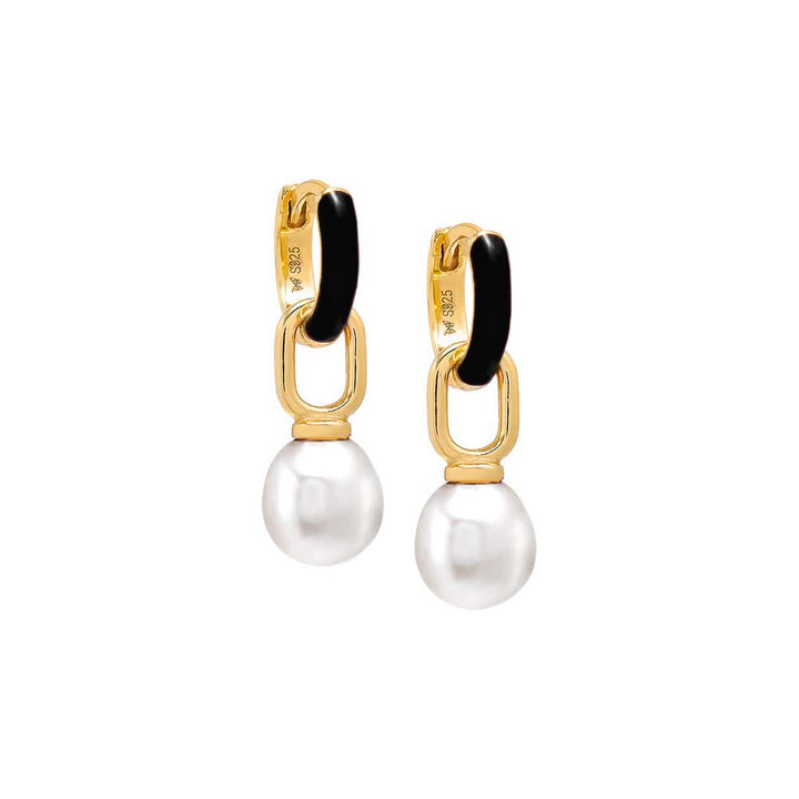 Black / Enamel Colored Enamel Dangling Pearl Huggie Earring - Adina Eden's Jewels