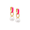 Neon Pink / Enamel Colored Enamel Dangling Pearl Huggie Earring - Adina Eden's Jewels