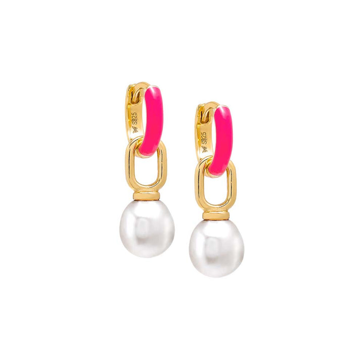 Neon Pink / Enamel Colored Enamel Dangling Pearl Huggie Earring - Adina Eden's Jewels