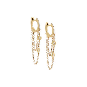 14K Gold / Pair Diamond Double Bezel Drop Chain Huggie Earring 14K - Adina Eden's Jewels