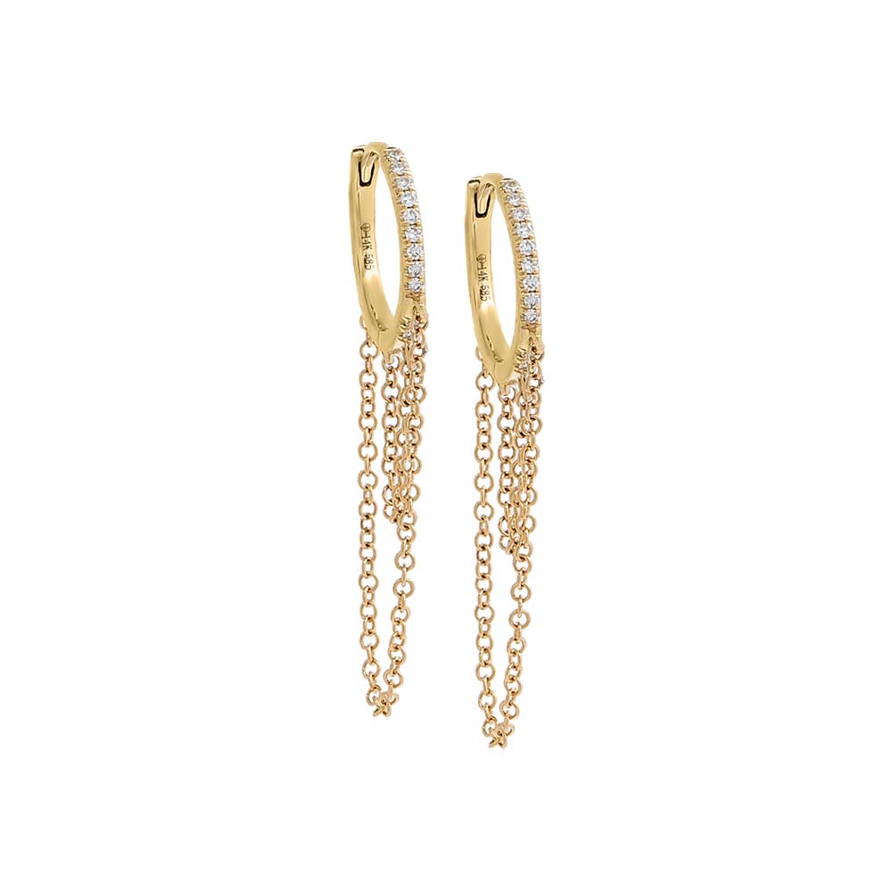 14K Gold / Pair Diamond Double Drop Chain Huggie Earring 14K - Adina Eden's Jewels