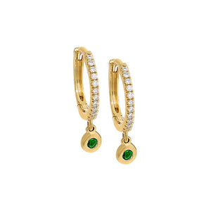 14K Gold / Pair Diamond X Emerald Dangling Huggie Earring 14K - Adina Eden's Jewels