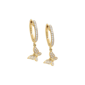 14K Gold / Pair Diamond Pave Dangling Butterfly Huggie Earring 14K - Adina Eden's Jewels