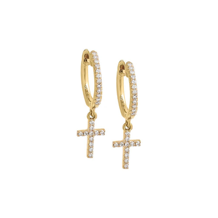 14K Gold / Pair Diamond Pavé Dangling Cross Huggie Earring 14K - Adina Eden's Jewels