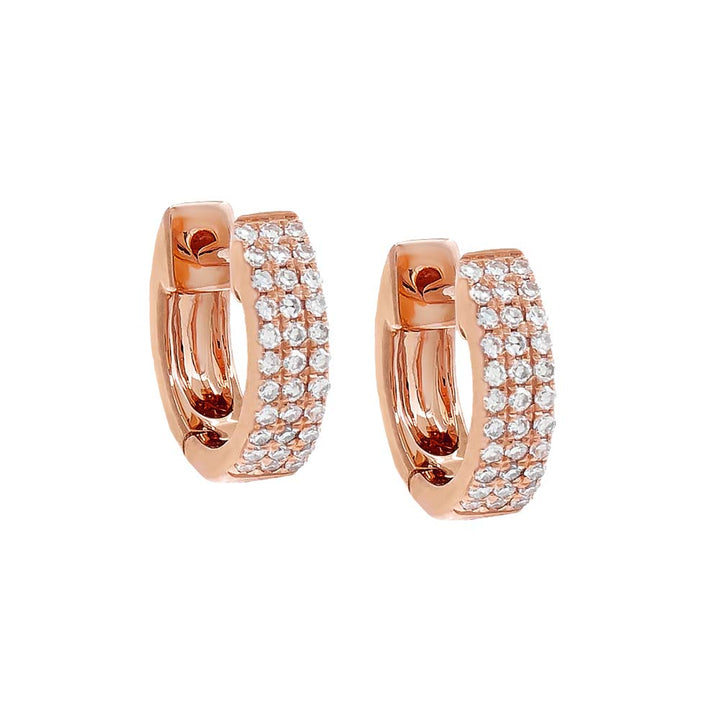 14K Rose Gold / Pair Diamond Triple Row Huggie Earring 14K - Adina Eden's Jewels