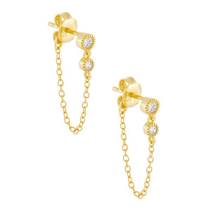 Gold Double Bezel Chain Drop Stud Earring - Adina Eden's Jewels