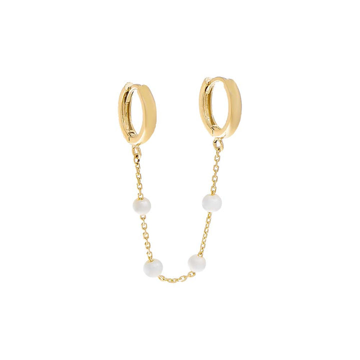 14K Gold Embedded Pearl Double Chain Huggie Earring 14K - Adina Eden's Jewels