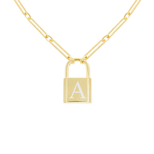 Gold / Engraved Engraved XL Open Link Lock Necklace - Adina Eden's Jewels