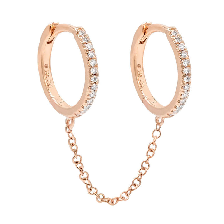 14K Rose Gold / Single Diamond Double Huggie Chain Earring 14K - Adina Eden's Jewels