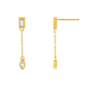 Gold CZ Baguette X Teardrop Chain Drop Stud Earring - Adina Eden's Jewels
