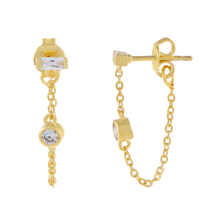Gold Mini Baguette X Bezel Chain Stud Earring - Adina Eden's Jewels