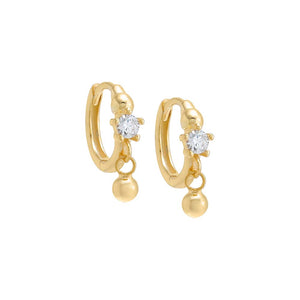 Gold / Pair CZ Stone X Dangling Ball Huggie Earring - Adina Eden's Jewels