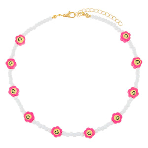  Neon Pink Smiley Flower Bead Necklace - Adina Eden's Jewels