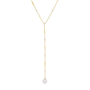  Bezel X Bar Chain Pearl Lariat - Adina Eden's Jewels