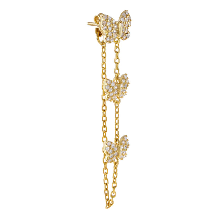 Gold / Single Pavé Triple Butterfly Chain Stud Earring - Adina Eden's Jewels
