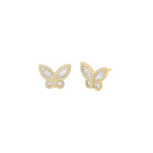 Gold / Pair Pavé X Baguette Butterfly Stud Earring - Adina Eden's Jewels