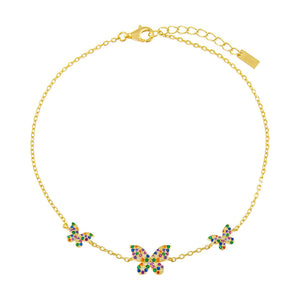 Multi-Color Pavé Rainbow Triple Butterfly Anklet - Adina Eden's Jewels