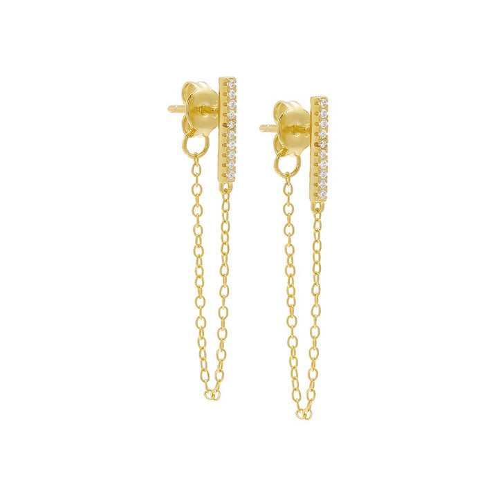 Gold / Pair Pavé Bar Front Back Chain Stud Earring - Adina Eden's Jewels