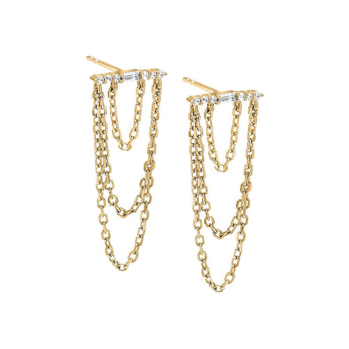 Gold / Pair Drop Chain Pavé Bar Stud Earring - Adina Eden's Jewels