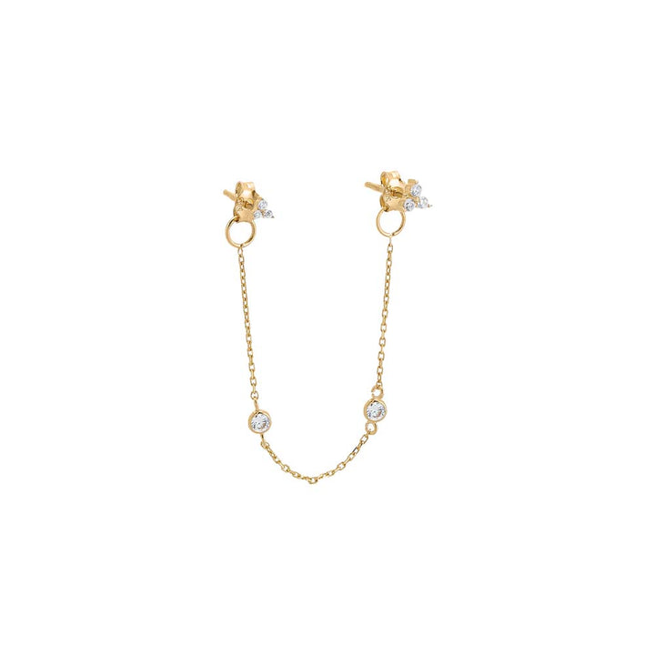 14K Gold / Single CZ Trio Cluster Double Chain Stud Earring 14K - Adina Eden's Jewels