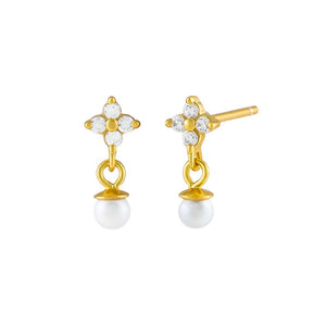 Pearl White CZ Flower x Pearl Stud Earring - Adina Eden's Jewels