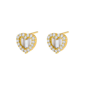 Gold Baguette CZ Heart Stud Earring - Adina Eden's Jewels