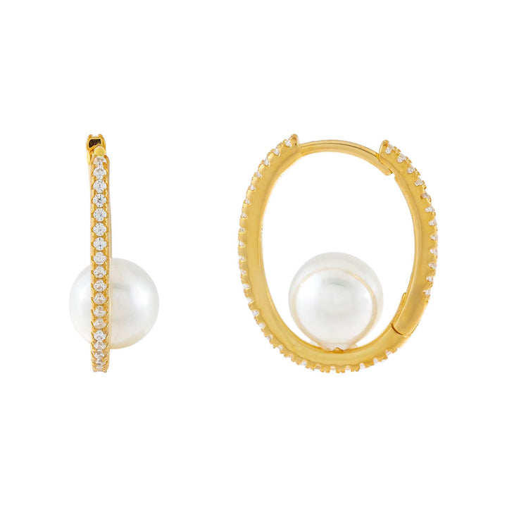 Pearl White CZ X Pearl Oval Hoop Earring - Adina Eden's Jewels