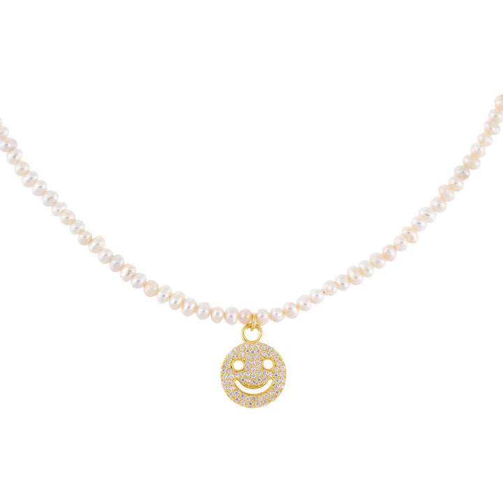 Pearl White Pavé Smiley Face Pearl Necklace - Adina Eden's Jewels