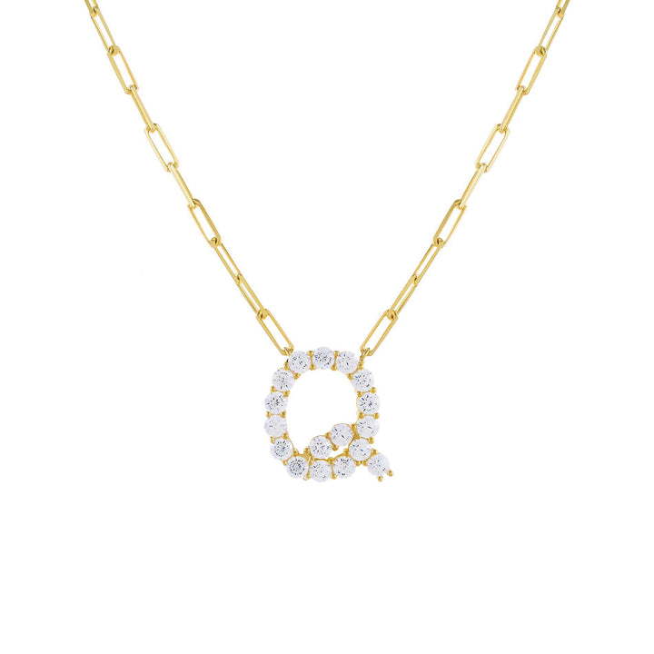Gold / Q Large CZ Uppercase Initial Link Necklace - Adina Eden's Jewels