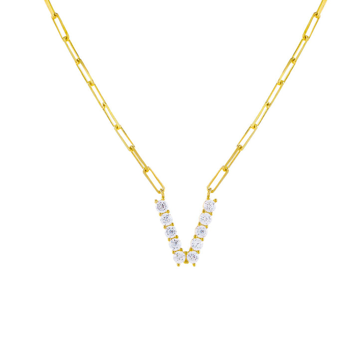 Gold / V Large CZ Uppercase Initial Link Necklace - Adina Eden's Jewels