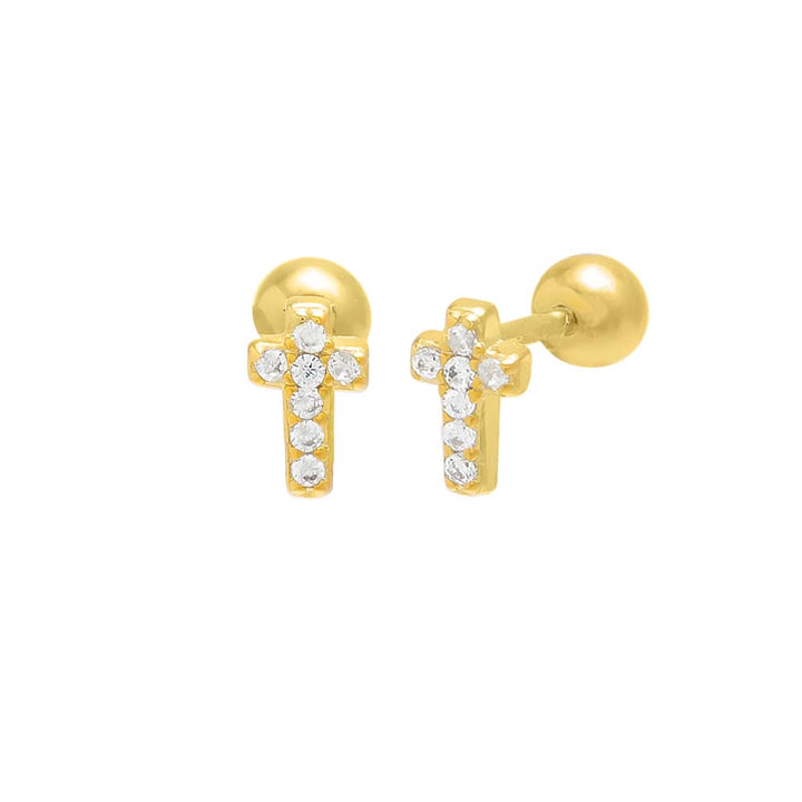 Gold Pavé Mini Cross Threaded Ball Stud Earring - Adina Eden's Jewels
