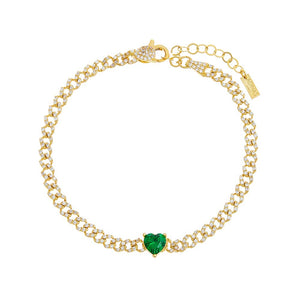 Emerald Green CZ Colored Heart Pave Baby Cuban Bracelet - Adina Eden's Jewels