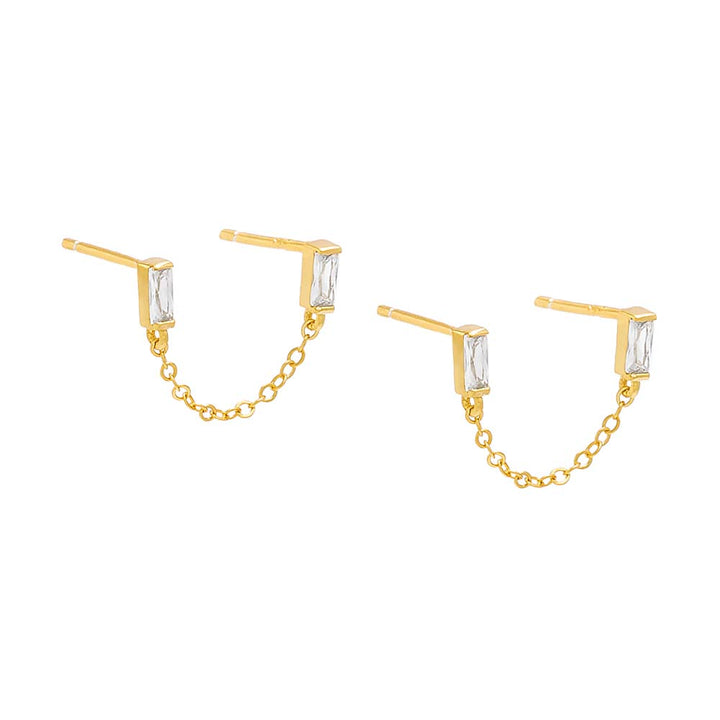 Gold / Pair Double Baguette Chain Stud Earring - Adina Eden's Jewels