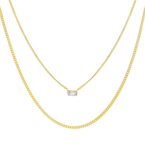 Gold CZ Baguette Double Chain Necklace - Adina Eden's Jewels