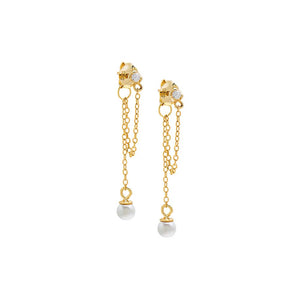 Pearl White / Pair CZ X Pearl Double Chain Front Back Stud Earring - Adina Eden's Jewels