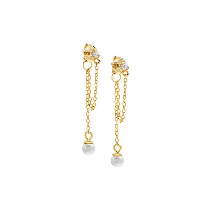 Pearl White / Pair CZ X Pearl Double Chain Front Back Stud Earring - Adina Eden's Jewels