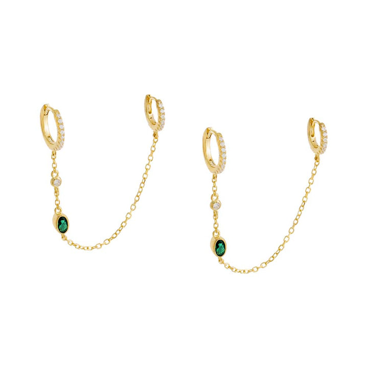 Emerald Green / Pair Colored Stone Double Chain Huggie Earring - Adina Eden's Jewels