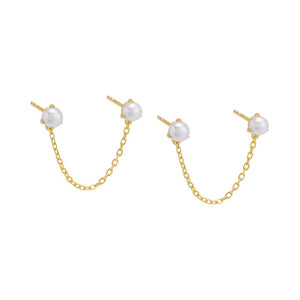Pearl White / Pair Double Pearl Chain Stud Earring - Adina Eden's Jewels