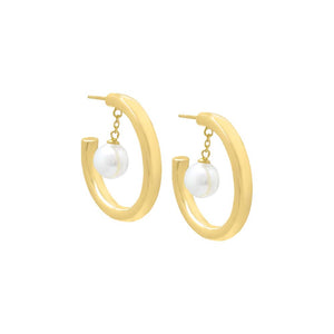Gold CZ Dangling Pearl Hollow Hoop Earring - Adina Eden's Jewels